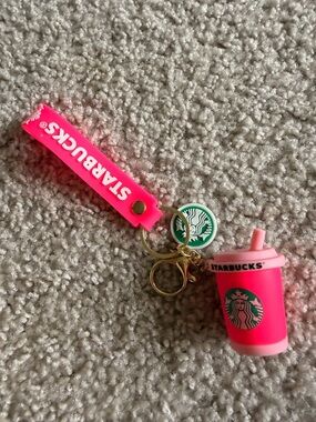 Starbucks Hot Pink Cup Keychain with Green Logo Charms